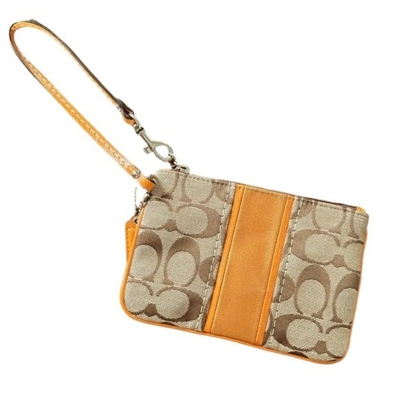 Coach Signature Jacquard Wristlet Orange Leather Trim Tan & Brown Fabric - Picture 1 of 5